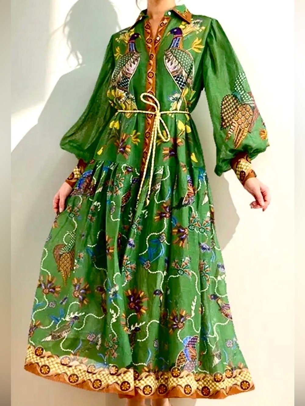 NWOT Green Floral & Bird Print Maxi Shirt Dress L